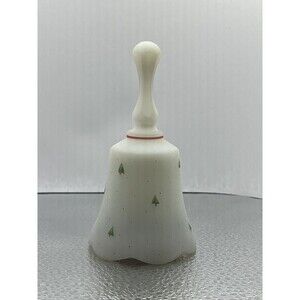 Fenton Christmas Bell Music Box Hand Painted Signed White Satin Tree Design xmas